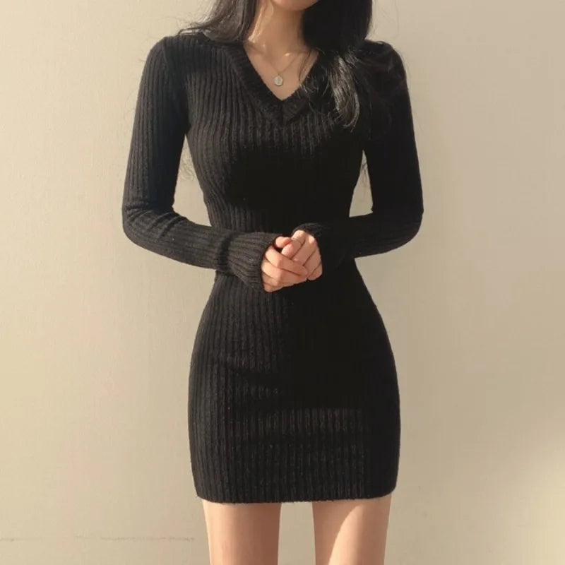 2025 Fall Solid Color V-neck Slim Fit Long Sleeved Women's Knitted Dresses Autumn Winter Elegant Casual Mini Dress