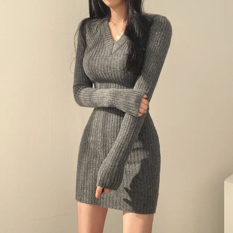 2025 Fall Solid Color V-neck Slim Fit Long Sleeved Women's Knitted Dresses Autumn Winter Elegant Casual Mini Dress