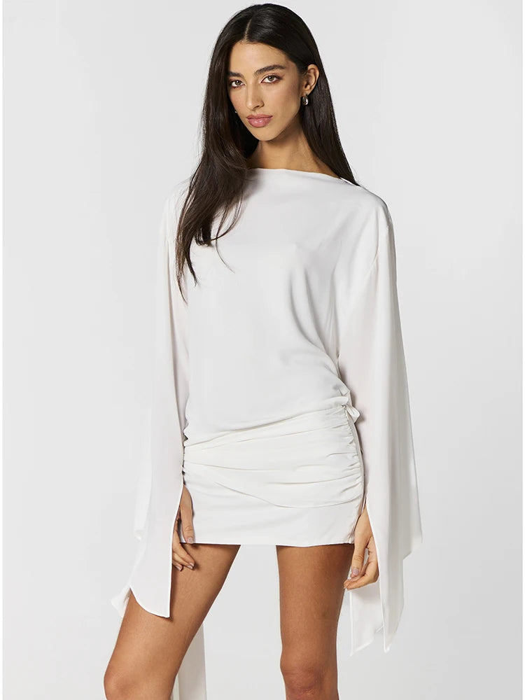 Mozision Women Deep V Neck Sexy Mini Dress Elegant Cowl Neck Long Sleeve Backless Flare Sleeve Draped Beach Club Party Dresses
