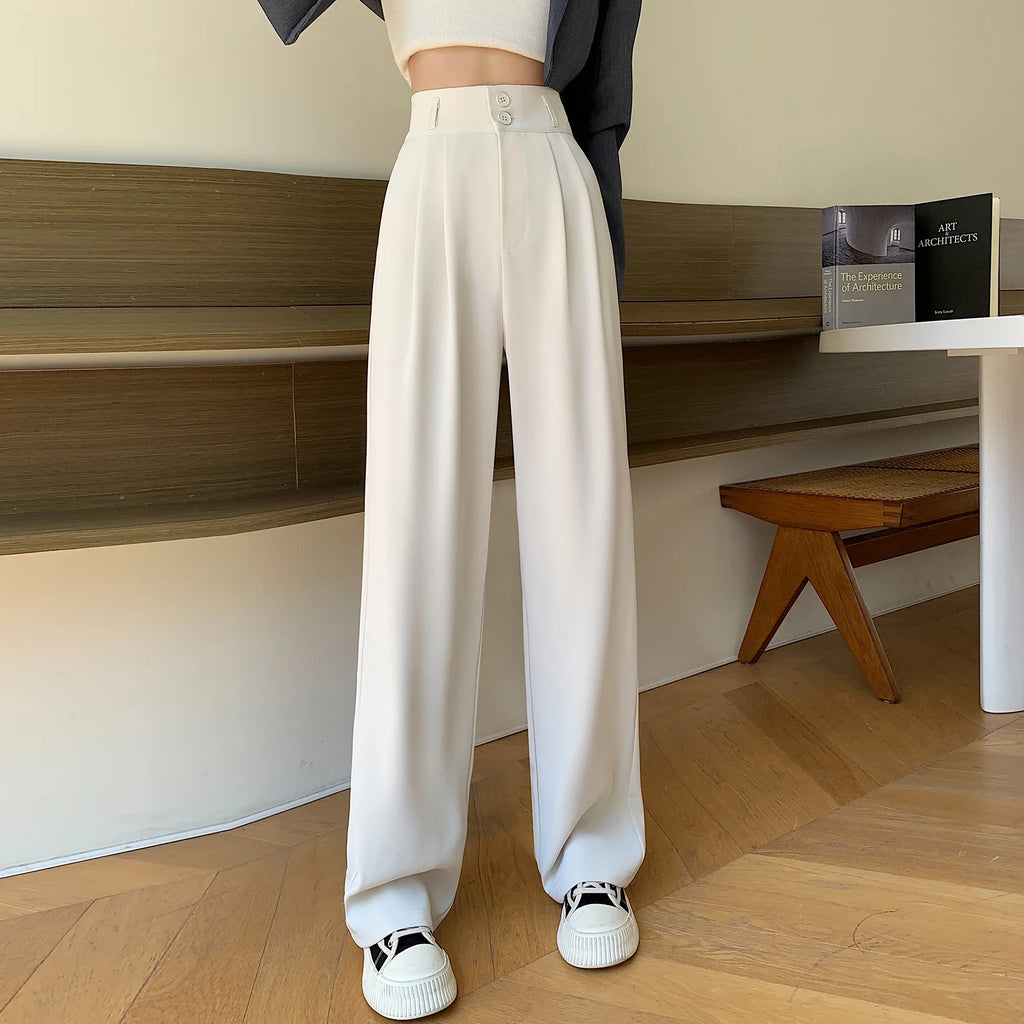 Spring Summer White High Waist Suit Wide Leg Women's Pants Female 2026 New Buttons Elegant Minimalism Straight Loose Trousers