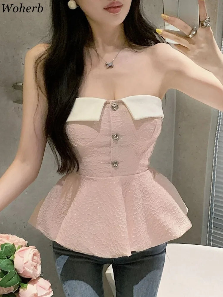 Y2k Crop Tube Tops Women Clothing 2026 Blusas Mujer De Moda Fashion Patchwork Tanks Sweet Button Korean Backless Summer Camis