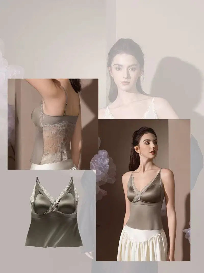 Elegant Women's Satin Lace V-neck Camisole Summer Sleeveless Tank Top with Adjustable Straps And Built-in Bra Lingerie Vest