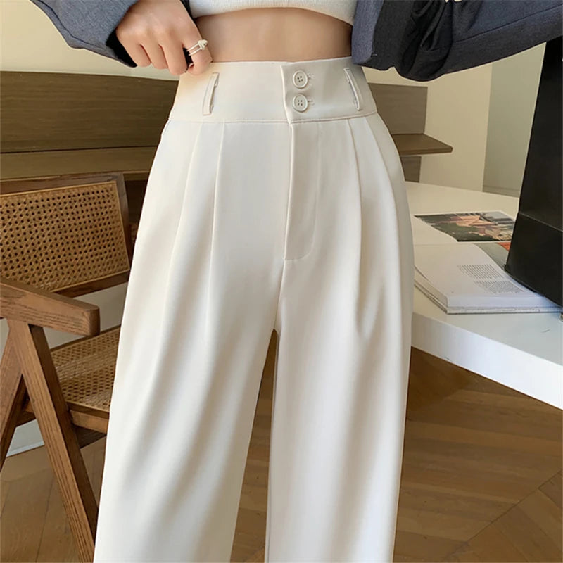 Spring Summer White High Waist Suit Wide Leg Women's Pants Female 2026 New Buttons Elegant Minimalism Straight Loose Trousers